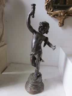 STATUE, Child w Torch on Round Plinth 70cm H base 20cm Dia